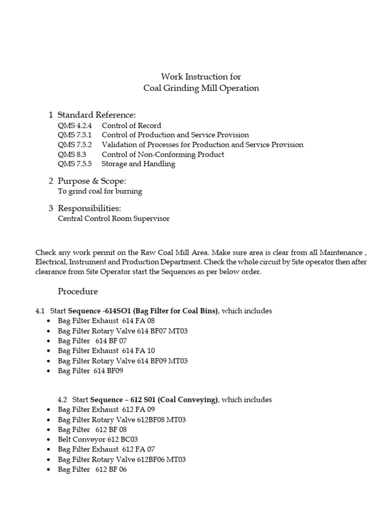 Work Instruction Coal Mill Line II | PDF | Equipment | Mechanical ...