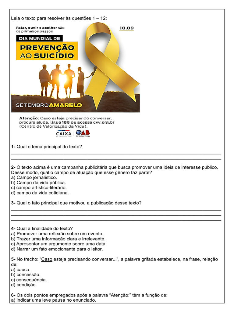 setembro amarelo - atividades | PDF | Palavra | Publicidade