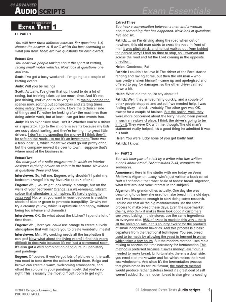 C1 Advanced Audio Test Scripts | PDF | Breads | Evidence
