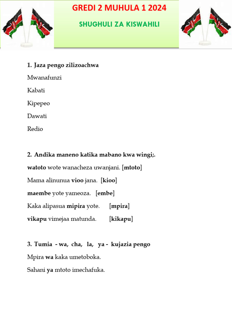 1932 Grade 2 Kiswahili Term 1 Opener Exam 2024 Answers PDF Format | PDF