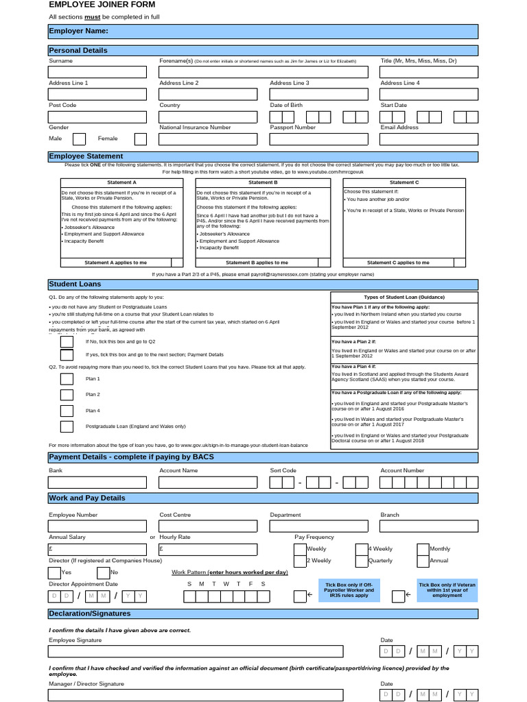 Employee Joiner Form - From 06.04.22 | PDF | Employment | Loans