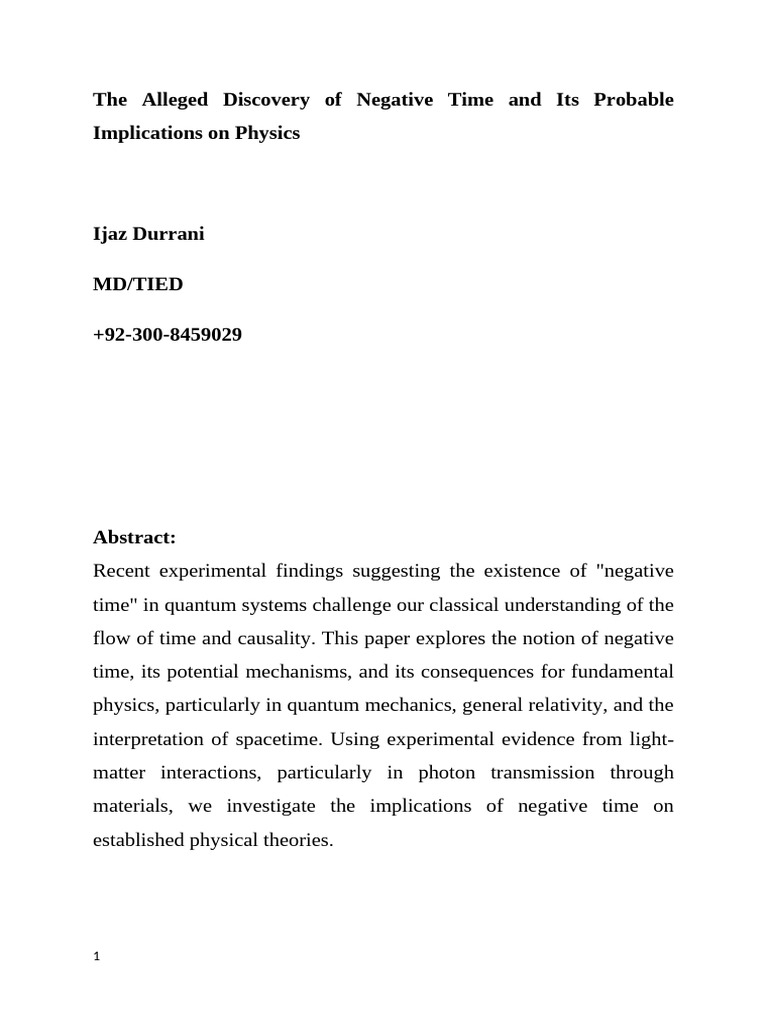 The Alleged Discoveryof Negative Timeand Its Probable Implicationson ...