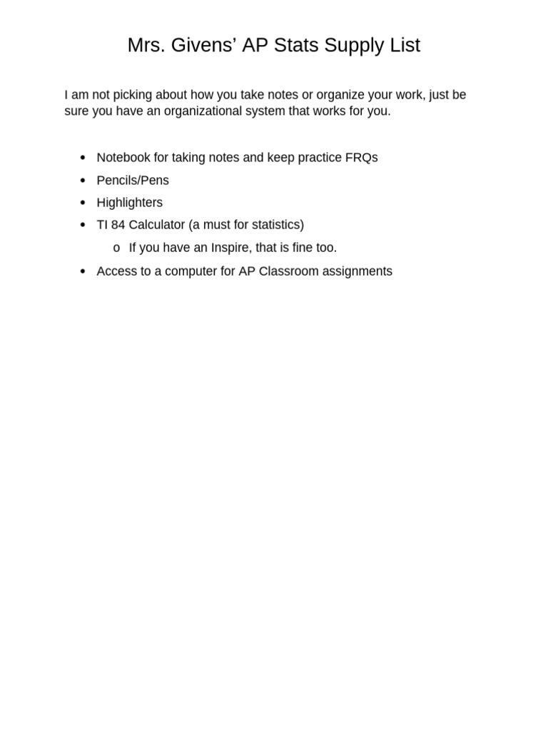 AP Stats Supply List for Mrs. Givens | PDF
