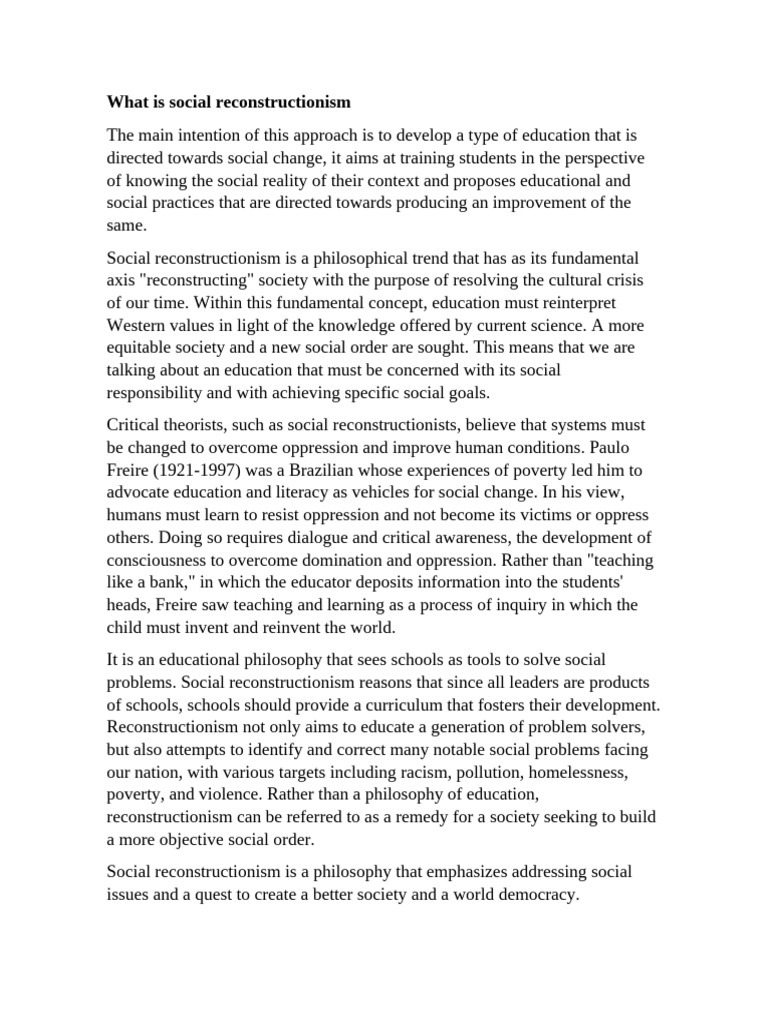 Understanding Social Reconstructionism | PDF | Philosophy Of Education ...