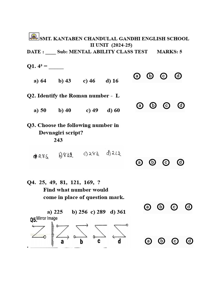 Std-4 D Mental Ability Class Test II UNIT 2024-25 | PDF