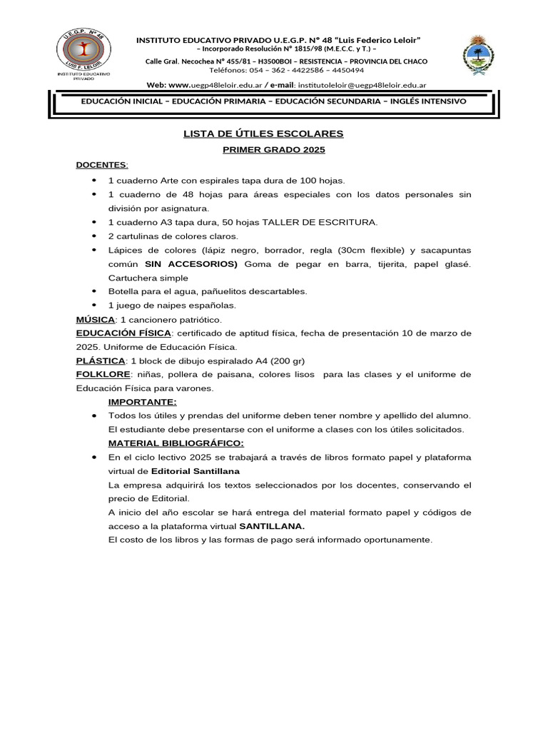 LISTA DE UTILES 2025 1er GRADO | PDF