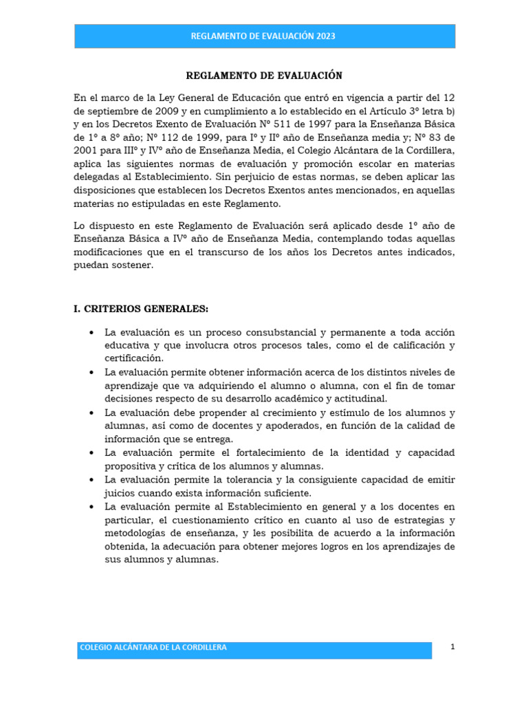 Reglamento de Evaluación Escolar 2023 | PDF | Evaluación | Enseñando