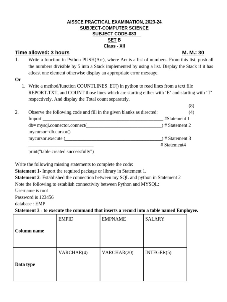 AISSCE 2023-24 Computer Science Exam | PDF
