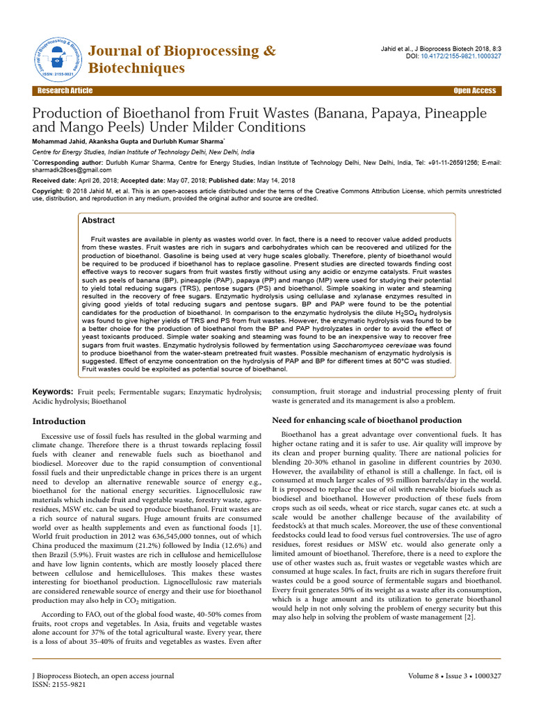 Production of Bioethanol From Fruit Wastes Banana Papaya Pineapple and ...