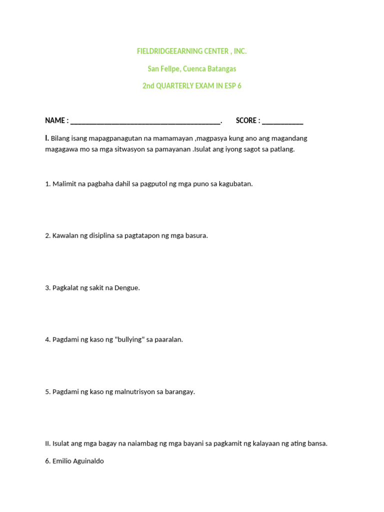 2nd Exam ESP 6 | PDF