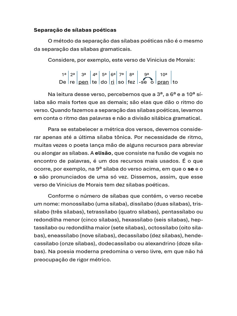 Separação de Sílabas Poéticas Explicada | PDF | Métrica (poesia ...