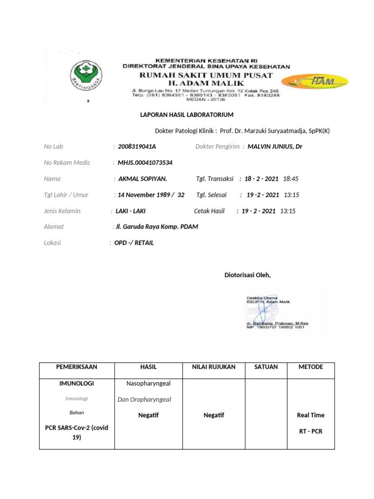 Hasil Lab PCR COVID-19 Negatif Akmal Sopyan | PDF