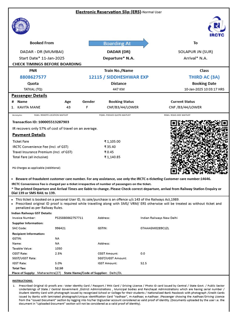 Indian Railways Ticket Booking Details | PDF | Identity Document | Payments