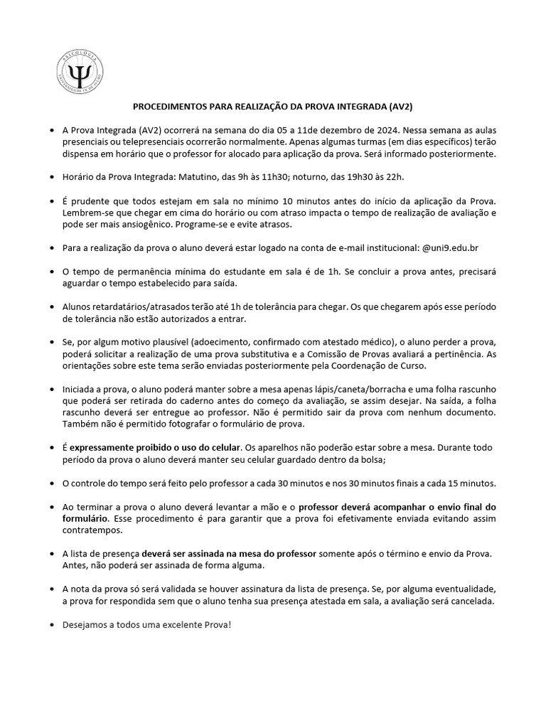 Procedimentos para Prova Integrada AV2 | PDF