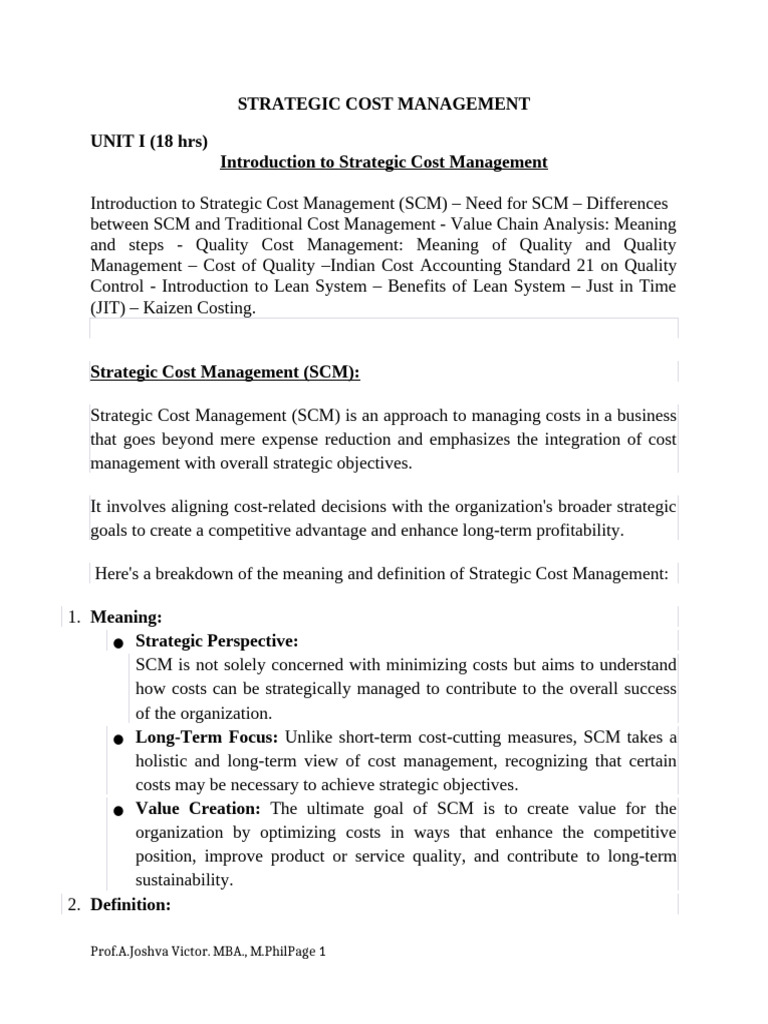 Strategic Cost Management Overview | PDF | Lean Manufacturing | Supply ...