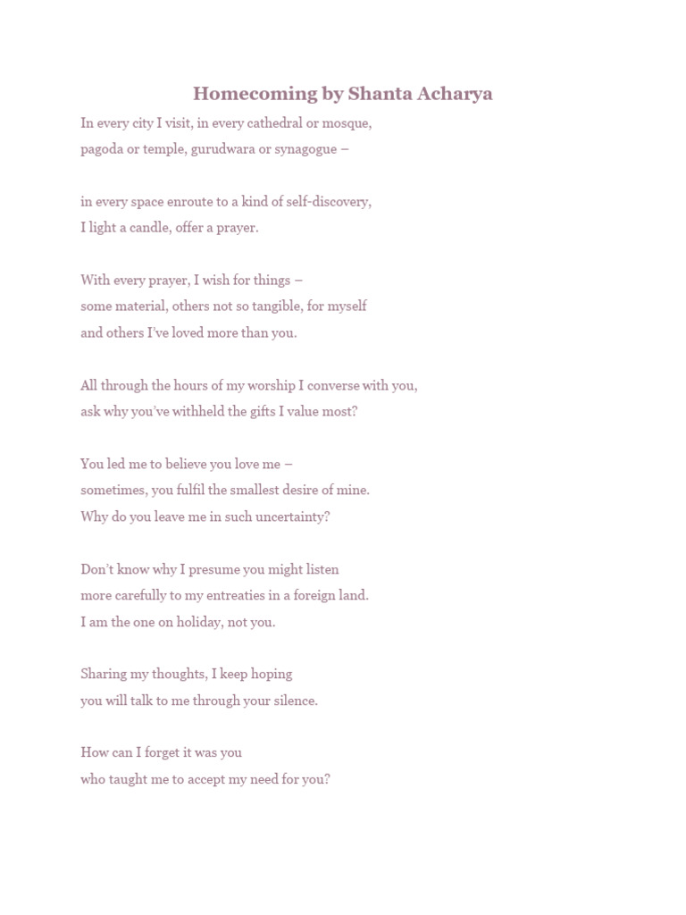 Homecoming Poem by Shanta Acharya | PDF | Prayer | Divinity