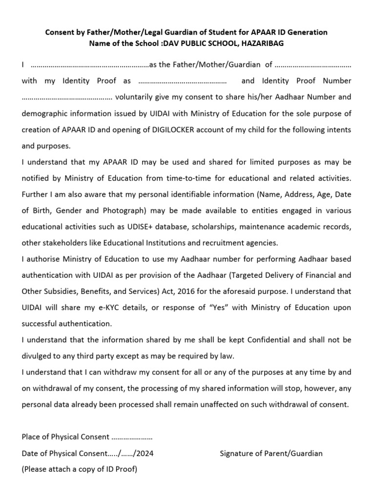 APAAR ID Consent Form for Students | PDF