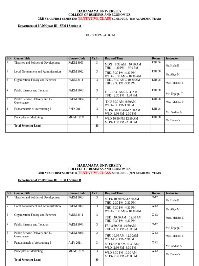 Haramaya University 2024 Class Schedule | PDF | Economies | Economics