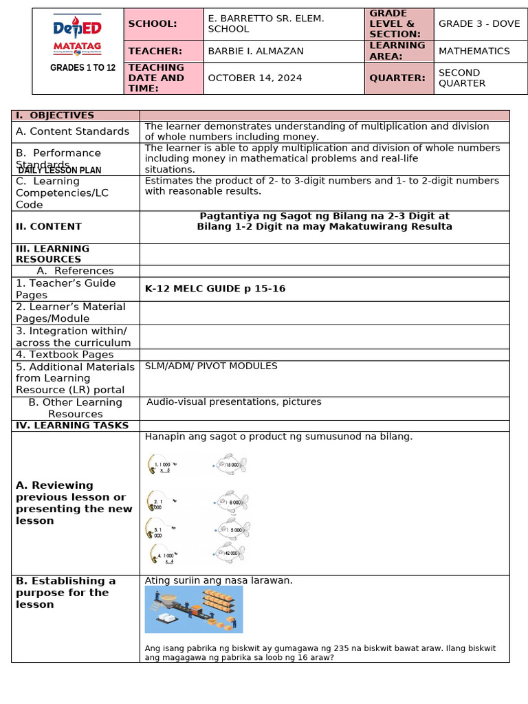Week 8 Day 1 q1 DLP in Math 3 | PDF | Teachers | Learning