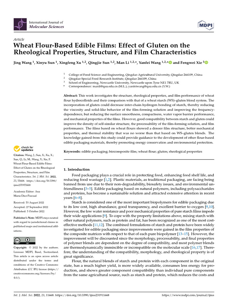 Wheat Flour-Based Edible Films: Effect of Gluten On The Rheological ...