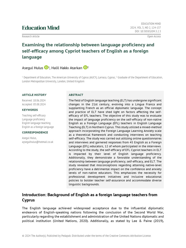 Language Proficiency and EFL Teacher Self-Efficacy | PDF | English As A ...