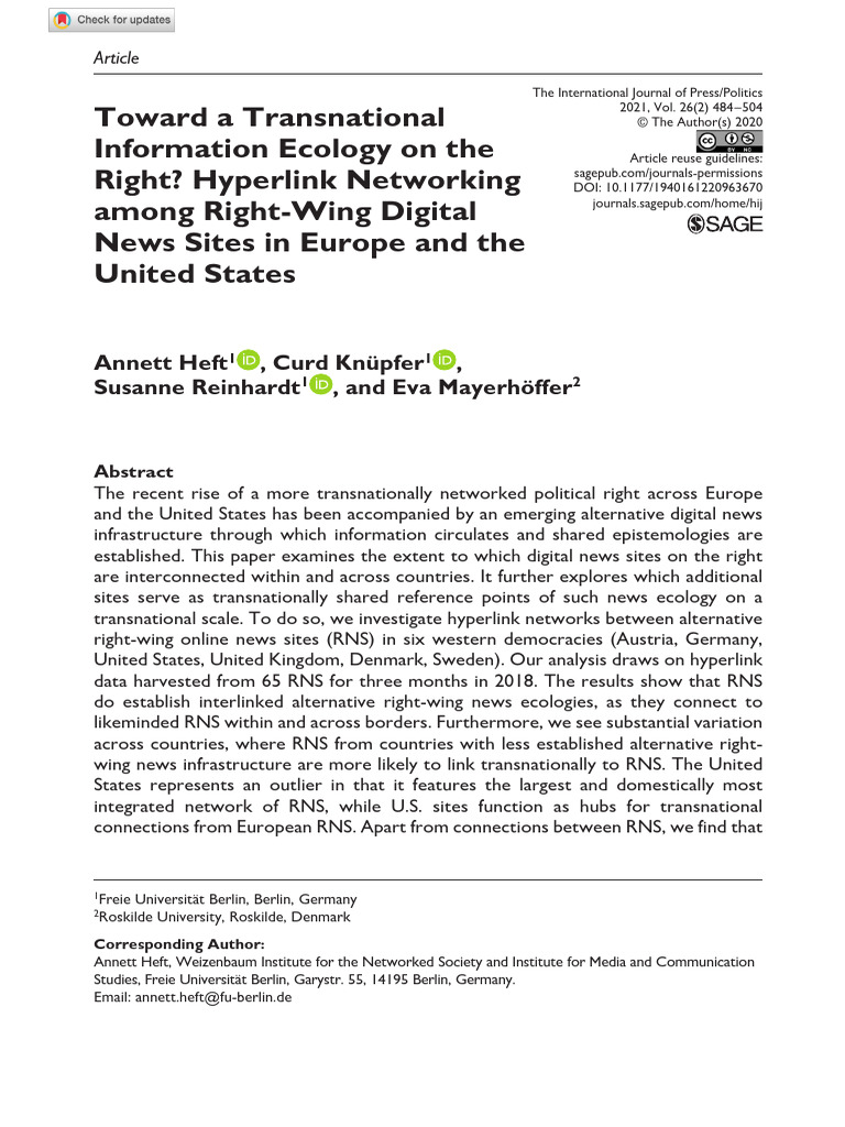 Heft Et Al 2020 Toward A Transnational Information Ecology On The Right ...