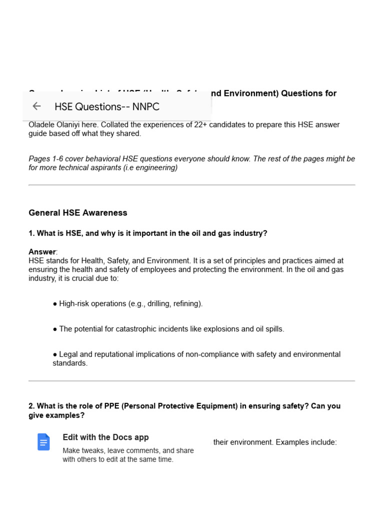 HSE Interview Questions for NNPC Candidates | PDF | Occupational Safety ...