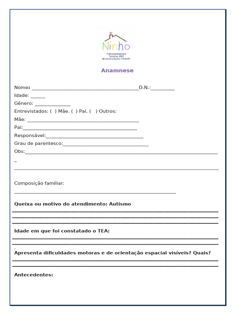 Modelo de Anamnese TEA | PDF | Gravidez | Parto