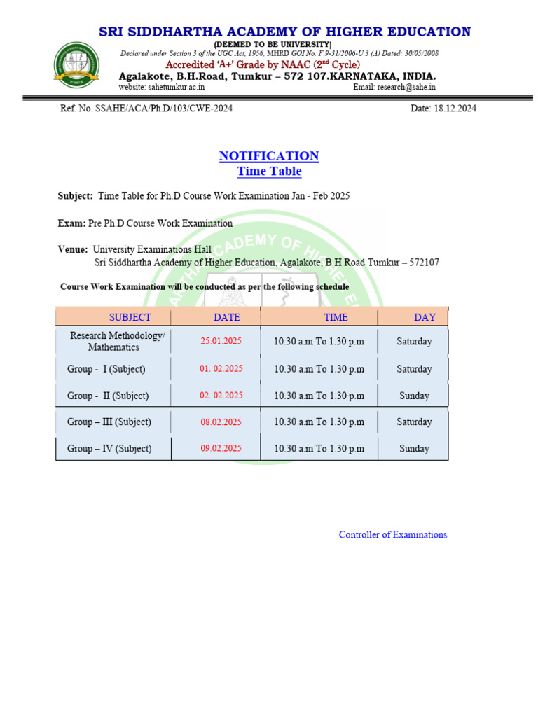 Ph.D Course Work Exam Timetable 2025 | PDF