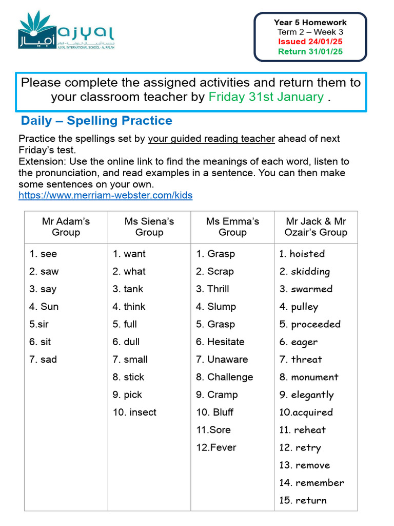 Year 5 Homework Overview: Term 2, Week 3 | PDF | Learning