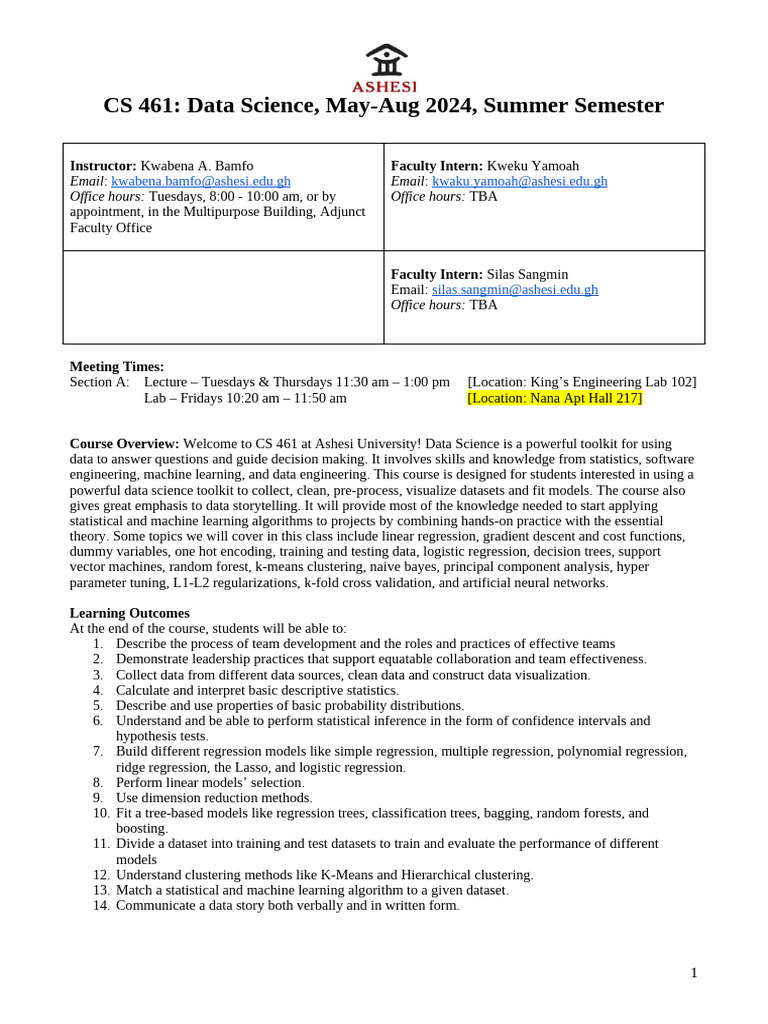 CS 461: Data Science Course Overview | PDF | Regression Analysis ...