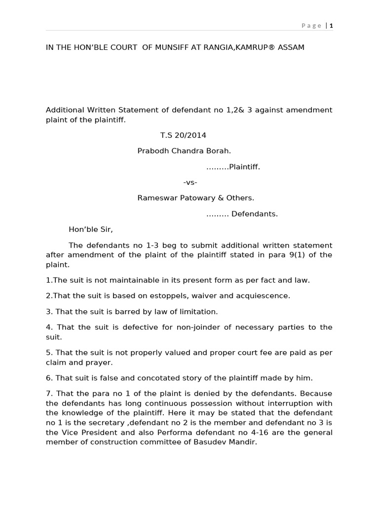 Additional Written Statement in T.S 20/2014 | PDF | Lawsuit | Justice