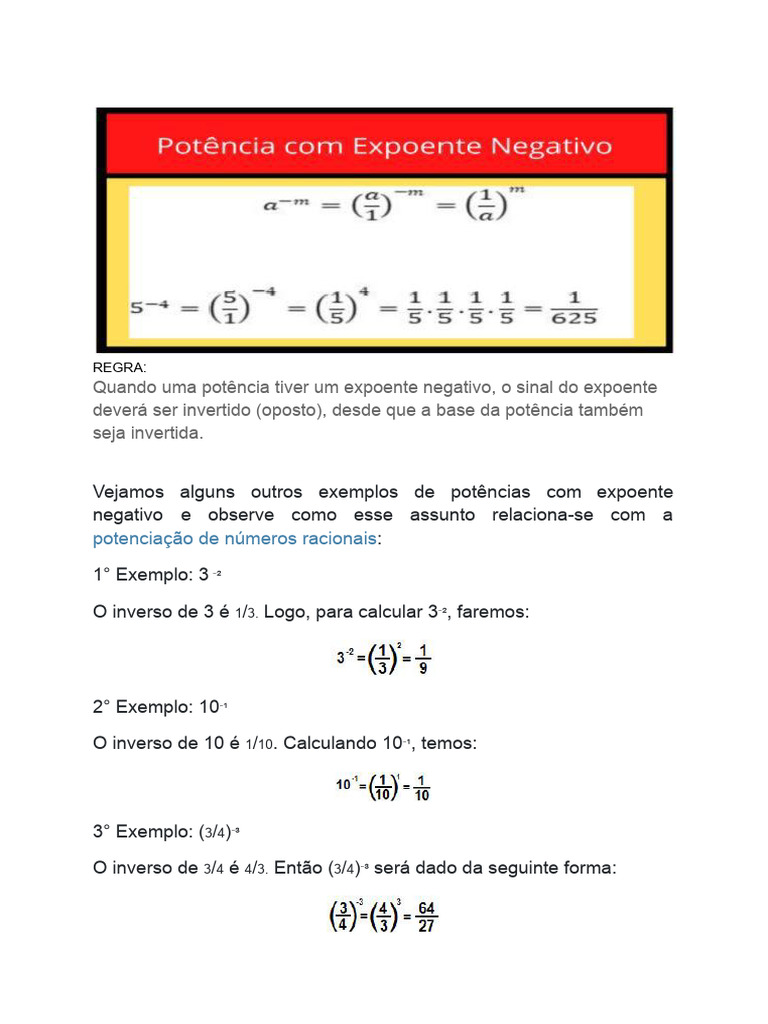 Potências com Expoente Negativo e Raiz Quadrada | PDF
