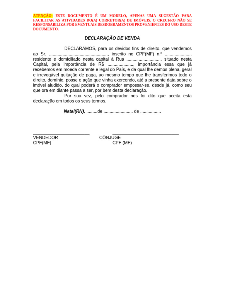 Modelo de Declaração de Venda de Imóvel | PDF
