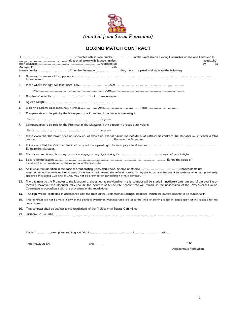 Boxing Match Contract Template | PDF
