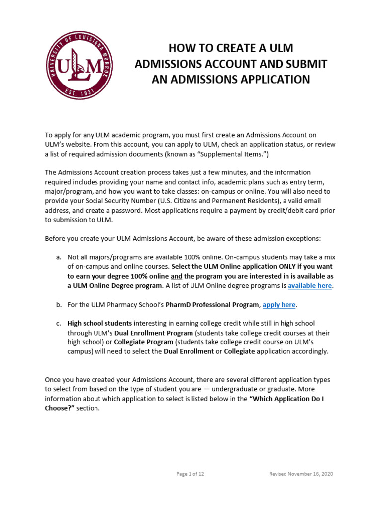 Create Your ULM Admissions Account | PDF