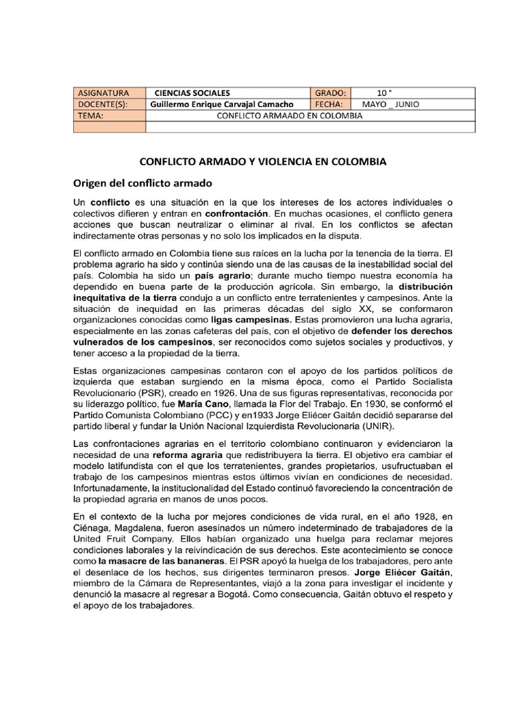 10° Sociales - Conflicto Armado y Violencia en Colombia | PDF