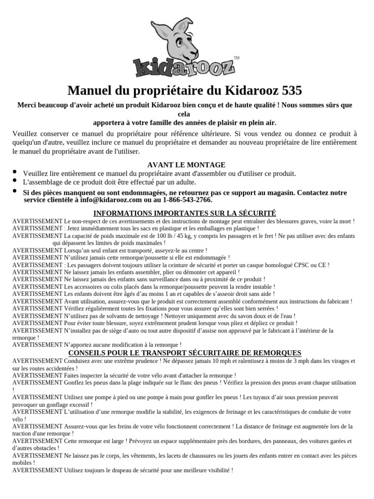 Manuel d'utilisation Kidarooz 535 | PDF | Écrou | Pneumatique (véhicule)