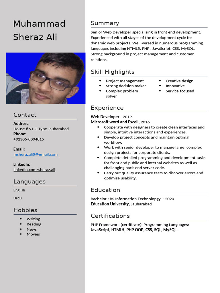 Senior Web Developer Profile - Sheraz Ali | PDF