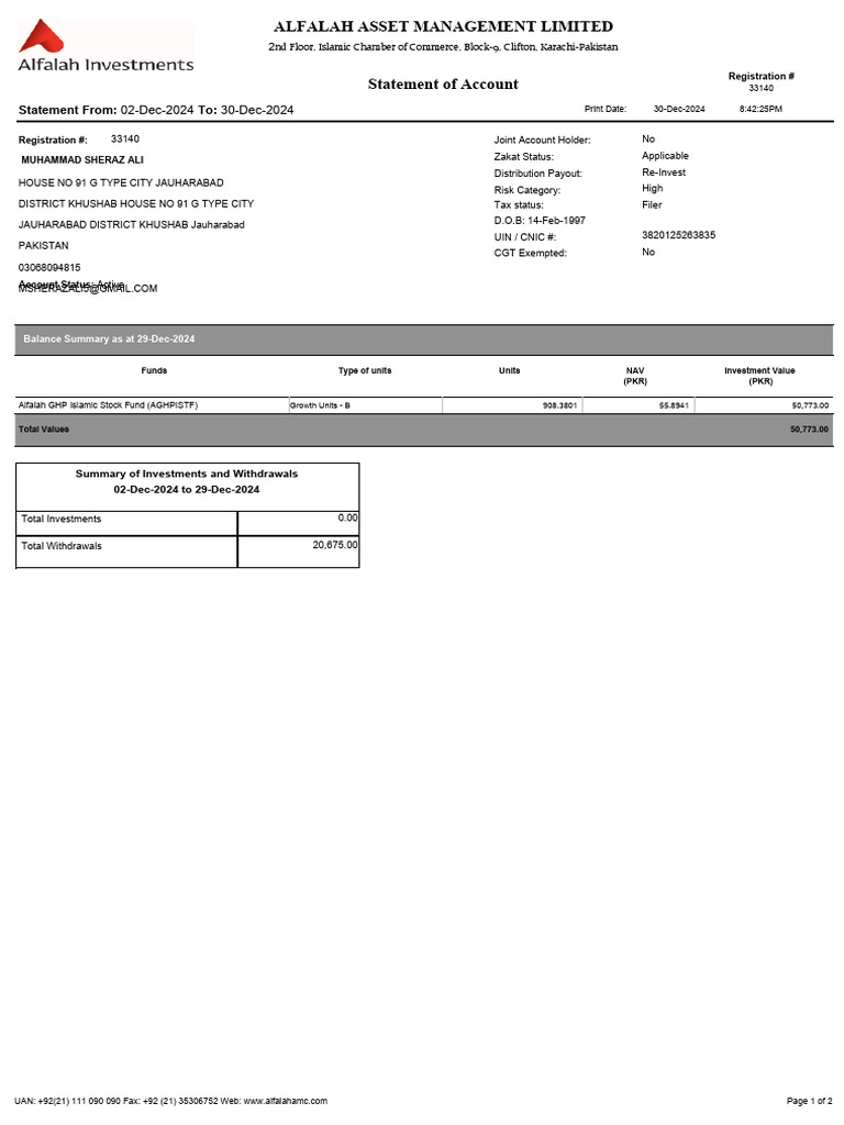 Alfalah Asset Management Account Statement | PDF | Economies | Business