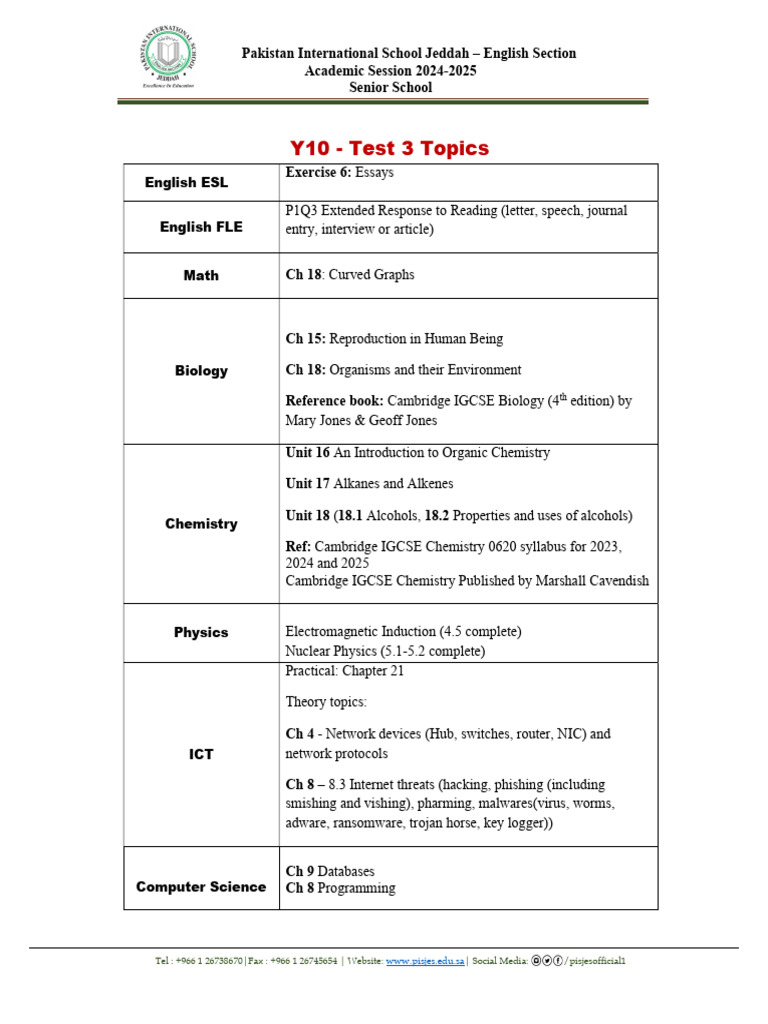 Y10 Test 3 Topics for PISJ English Section | PDF