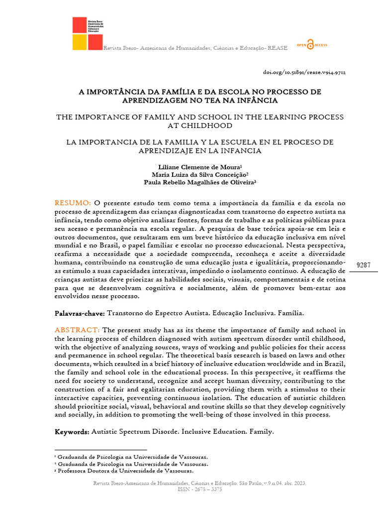 Família e Escola no Aprendizado do TEA | PDF | Educação Especial | Autismo