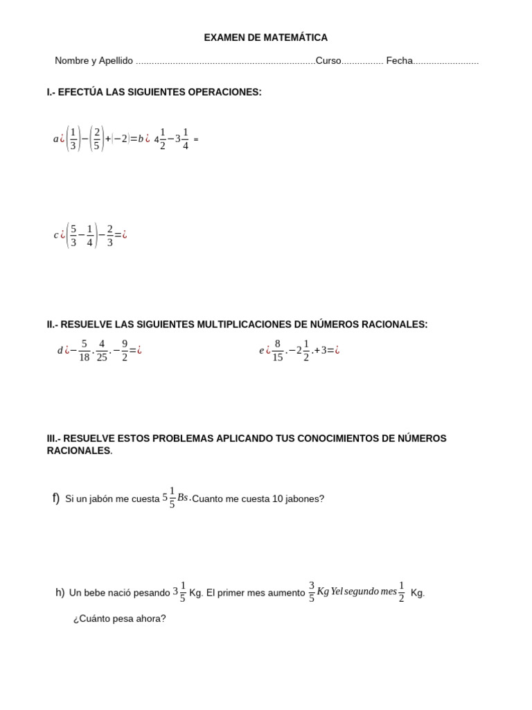 Examen de Matemáticas: Operaciones y Problemas | PDF