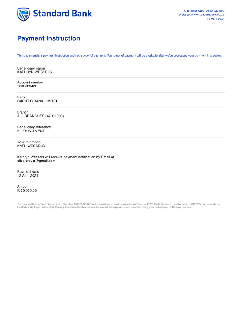 Standard Bank Payment Instruction Details | PDF