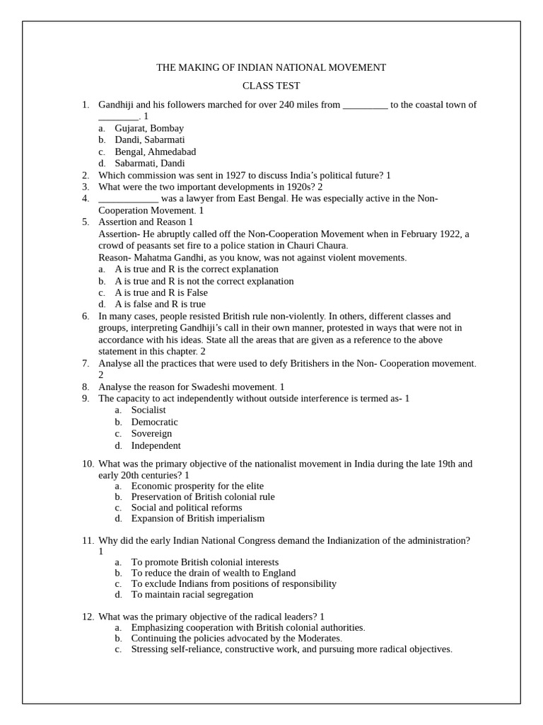 Indian National Movement Class Test | PDF | British Raj | Mahatma Gandhi