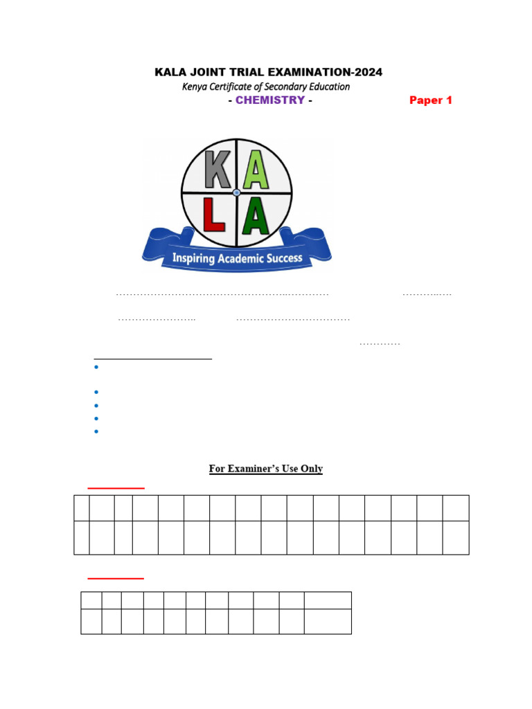 KALA Joint Trial Exam 2024: Chemistry Paper 1 | PDF | Electrode | Calcium