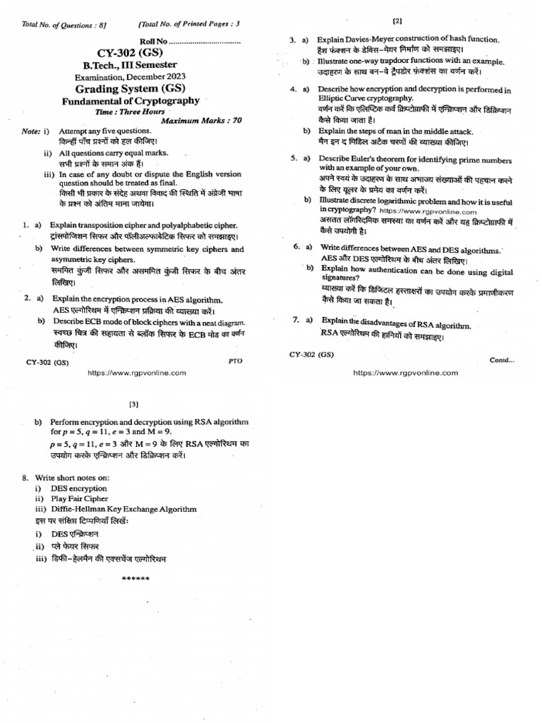 Cy 302 Fundamental of Cryptography Dec 2023 | PDF