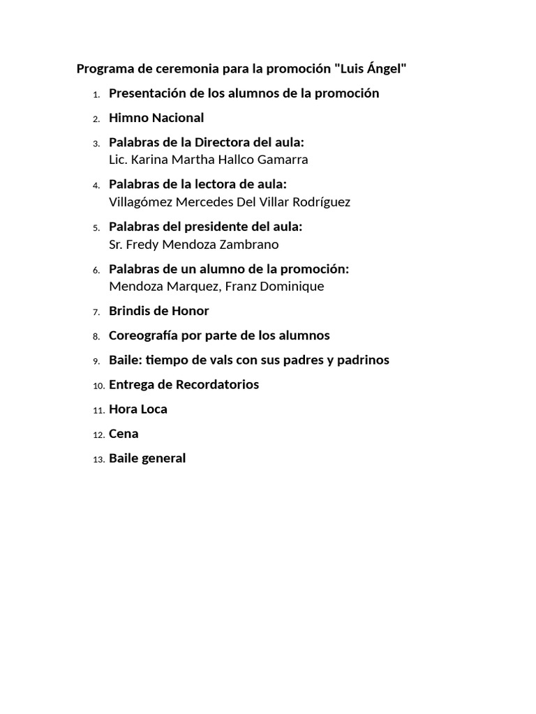 Programa de Ceremonia para La Promoción | PDF