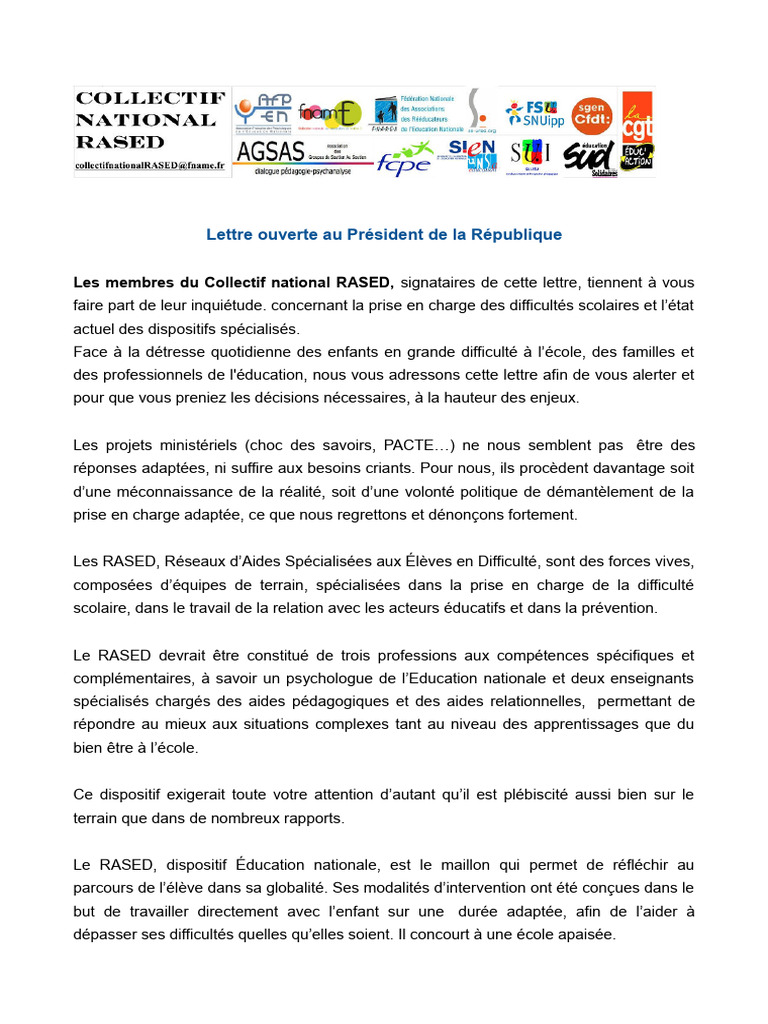 Lettre au Président : Rétablir le RASED | PDF