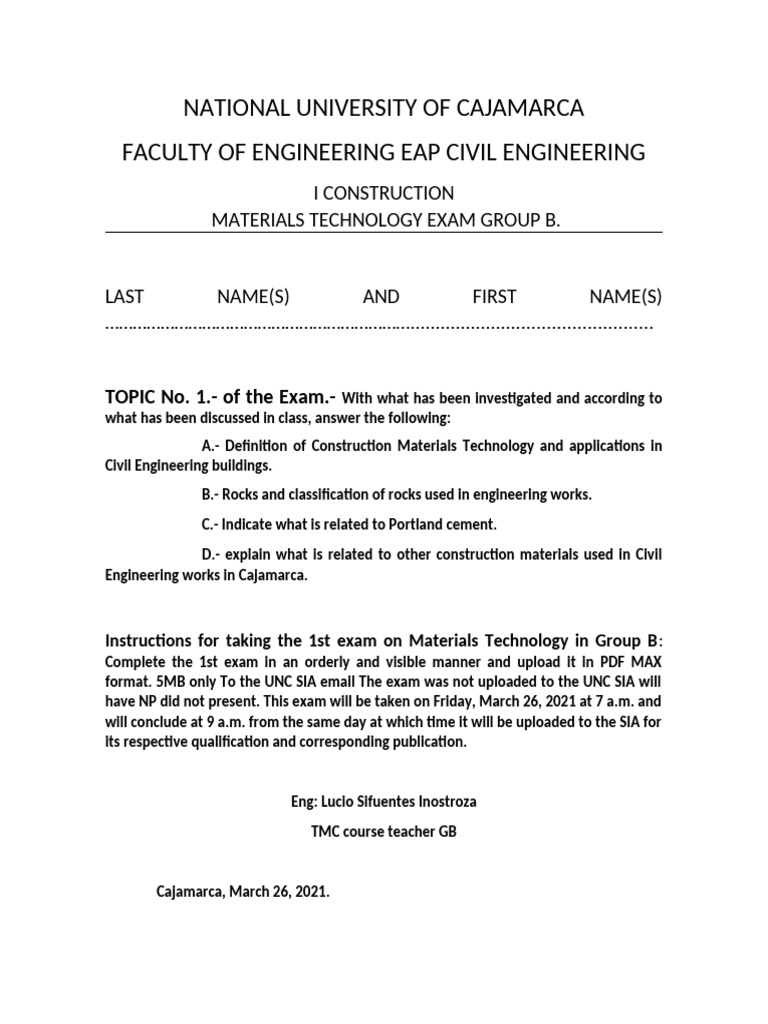Task - I Virtual Exam of Construction Materials Technology Group B | PDF